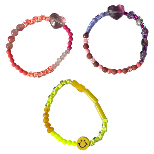 Crystal Bracelet - Pink Fluorite & Purple Fluorite & Amber