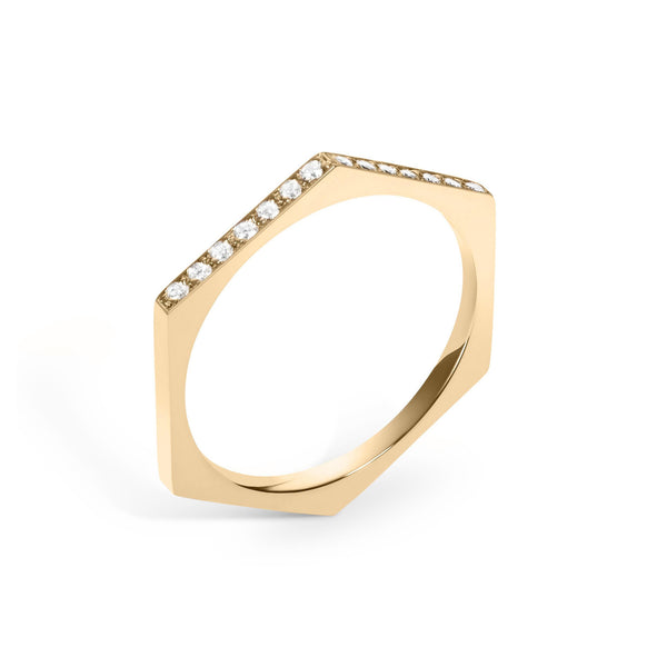14K Hex Band White Diamonds Ring