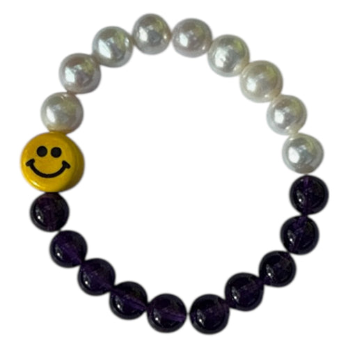 Smiley Face Pearl Bracelet - Amethyst／Garnet