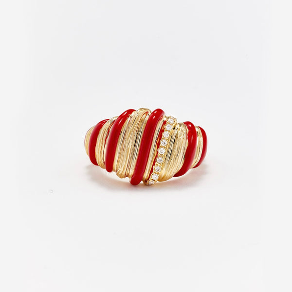 9K Gold and Red Enamel Twist Diamonds Ring