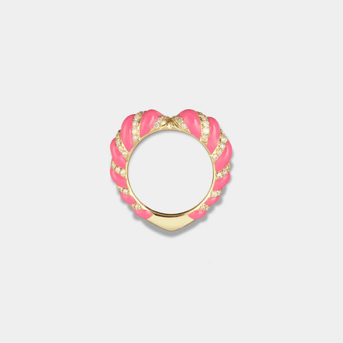 9K Gold and Pink Enamel Twist Diamonds Heart Ring