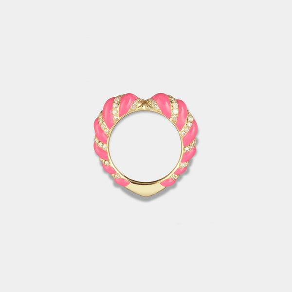 9K Gold and Pink Enamel Twist Diamonds Heart Ring