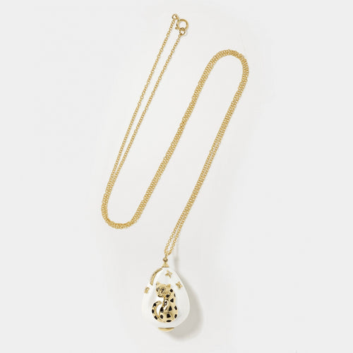 9K Gold Pearl Leopard Enamel and Diamonds Necklace