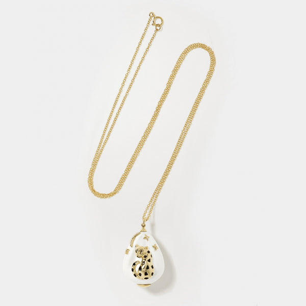 9K Gold Pearl Leopard Enamel and Diamonds Necklace